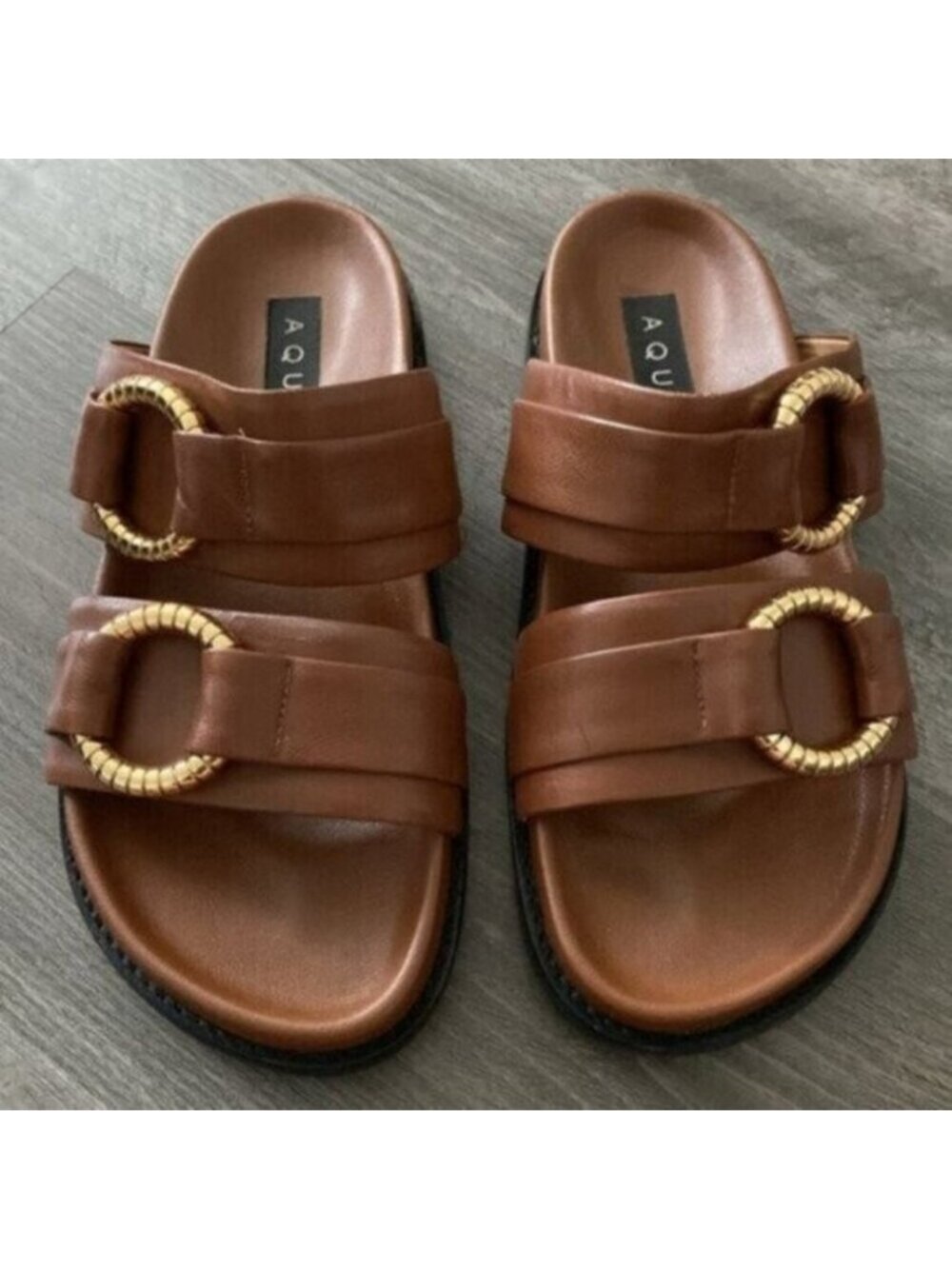 Aqua Bloomingdales Leather Two Strap Sandals Brown Gold Slip On Boho $128 6.5